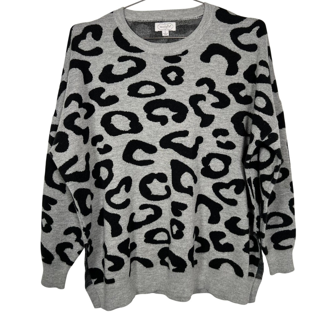 Mud Pie‎ Leopard Print Oversized Crew Neck Sweater Gray Large